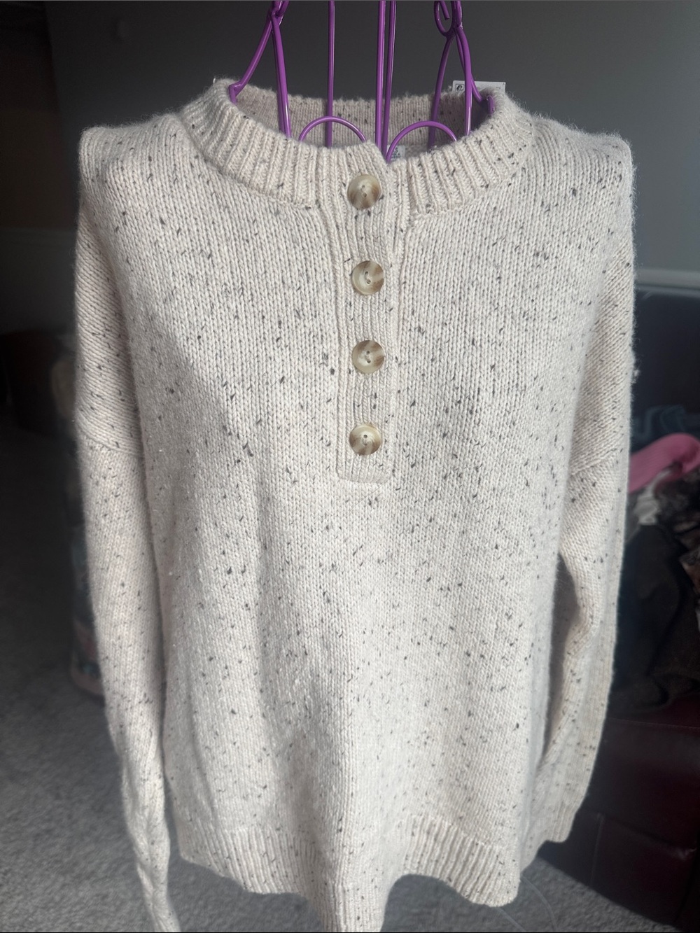 Abercrombie & Fitch Cream Speckled Henley V-Neck Sweater - Picture 3 of 8